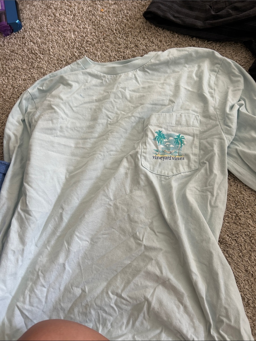 Vineyard Vines Pale Blue Long-Sleeve Pocket Tee with Palm Graphic